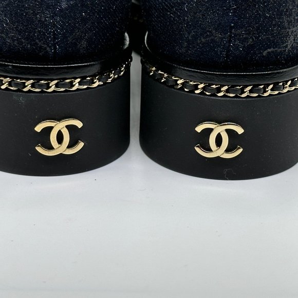 CHANEL 20K Denim Leather Chain Cap Toe Lace Up Oxford Heels Loafers Shoes - Picture 8 of 16